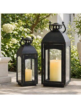 Decorative Indoor & Outdoor Lanterns Set of 2 - Metal Frame Candle Holders